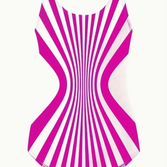 NEW! Optical Illusion Swirled Vertical Stripe Hot Pink One Piece Swim Suit Hot - Picture 4 of 6